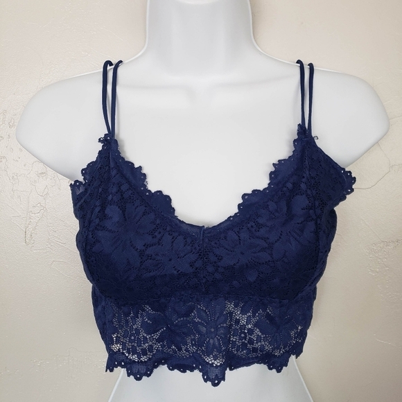Navy Blue Lace Bralette Double Straps V-neck Layering - Picture 1 of 5